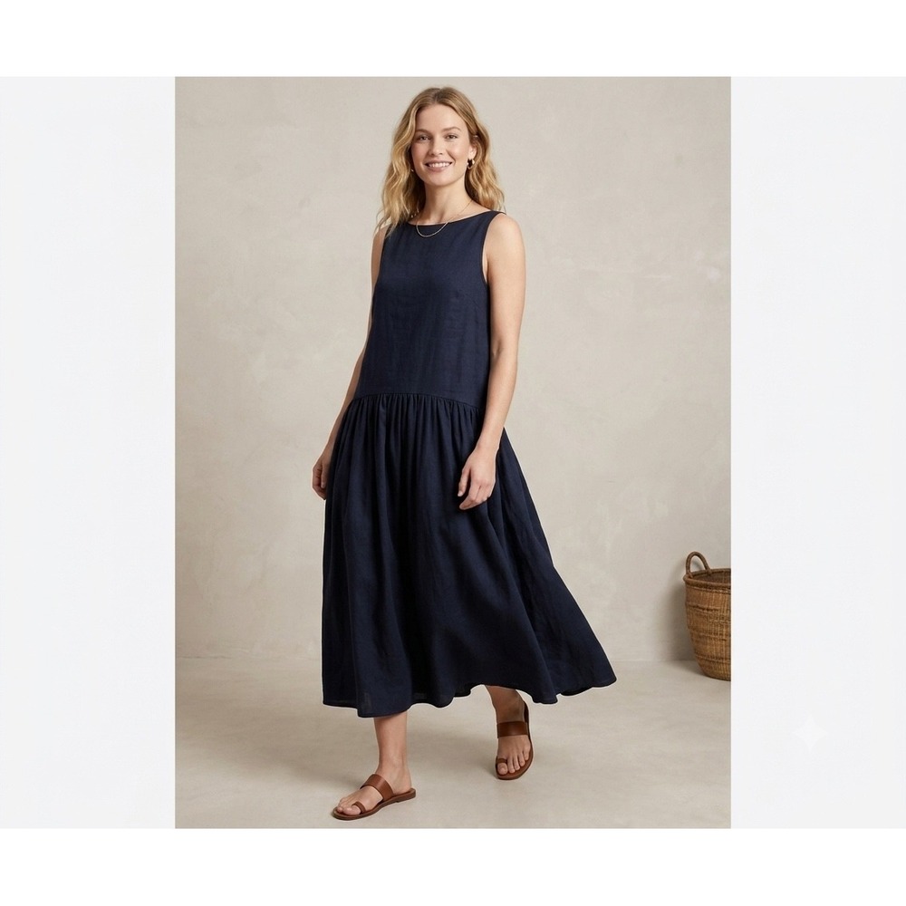 COS Women Navy Blue Mixed Material Drop Waist Midi Dress Sleeveless Small NEW
